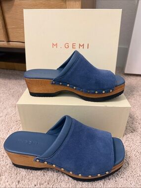 M. Gemi Navy Suede Studded Wood-Trim Clog Mules